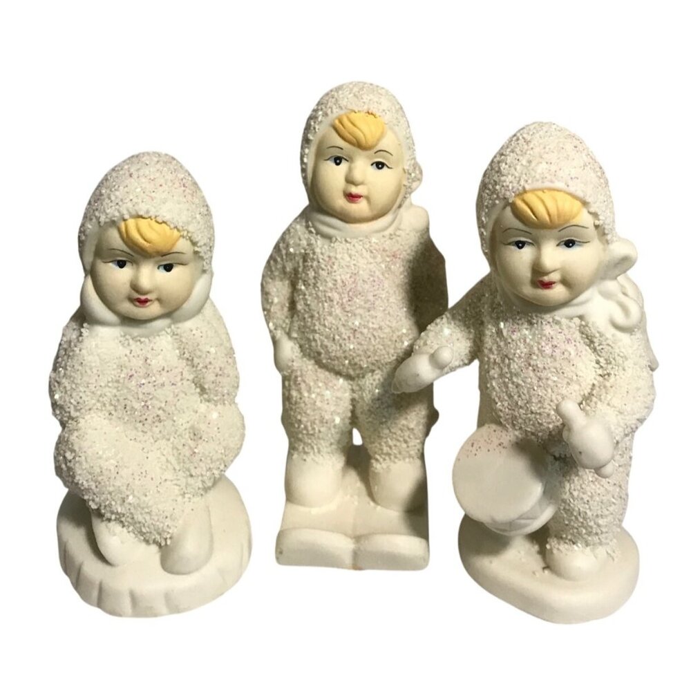 Vintage Porcelain Snow Angels Trio Figurines Set Glittery Paint Set of 3